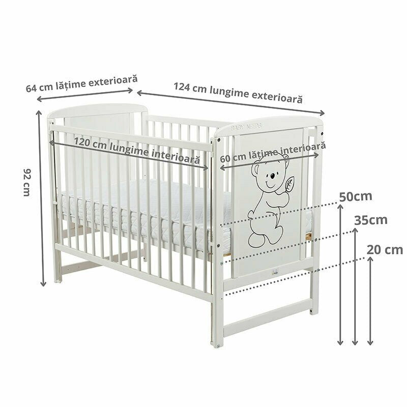 Patut din lemn bebe, 120x60 cm, Cu laterala culisanta, Din lemn de pin si mdf, Stabil si rezistent, Inaltime saltea reglabila pe 3 nivele, Laterala cu 3 bete detasabile, EN716-1, EN716-2, Alb, Babyneeds, Timmi + Saltea 12 cm