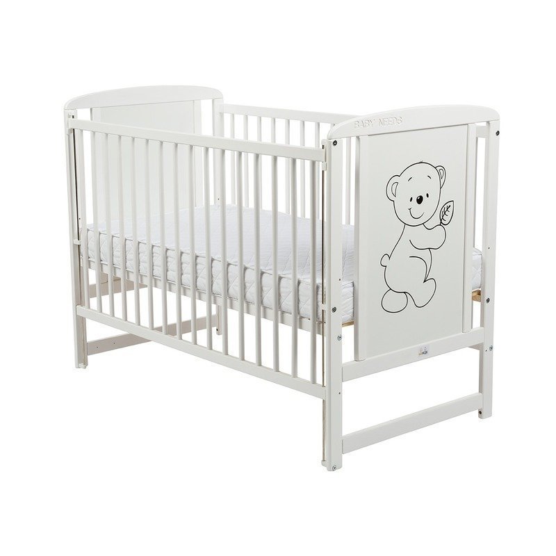 Patut din lemn bebe, 120x60 cm, Cu laterala culisanta, Din lemn de pin si mdf, Stabil si rezistent, Inaltime saltea reglabila pe 3 nivele, Laterala cu 3 bete detasabile, EN716-1, EN716-2, Alb, Babyneeds, Timmi + Saltea 12 cm - gogobaby.ro