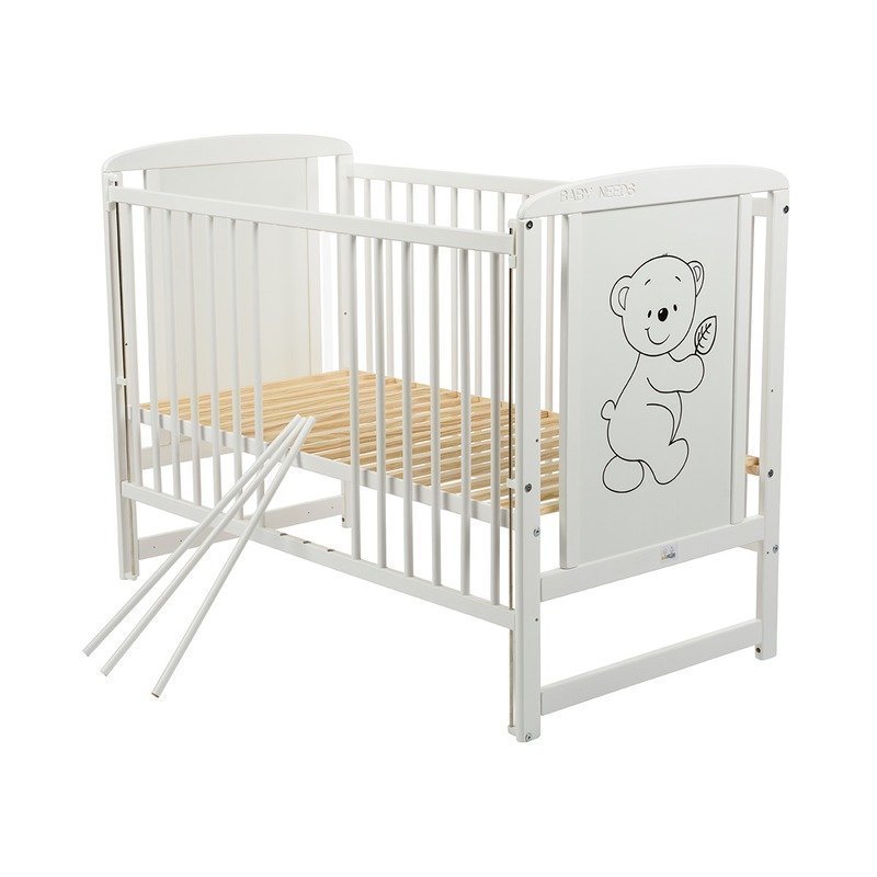 Patut din lemn bebe, 120x60 cm, Cu laterala culisanta, Din lemn de pin si mdf, Stabil si rezistent, Inaltime saltea reglabila pe 3 nivele, Laterala cu 3 bete detasabile, EN716-1, EN716-2, Alb, Babyneeds, Timmi + Saltea 12 cm - gogobaby.ro