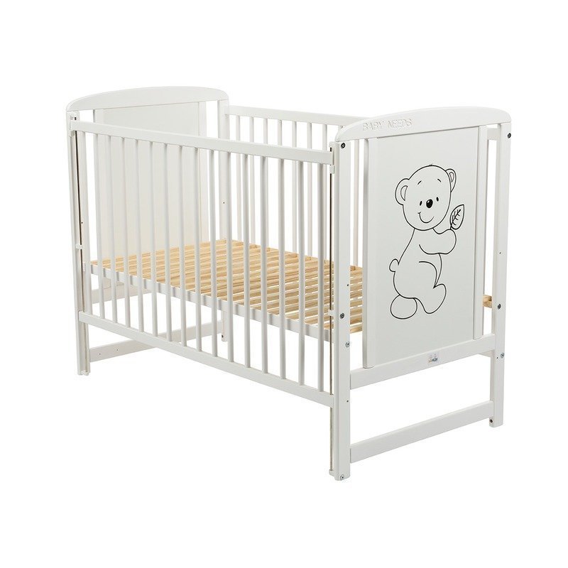 Patut din lemn bebe, 120x60 cm, Cu laterala culisanta, Din lemn de pin si mdf, Stabil si rezistent, Inaltime saltea reglabila pe 3 nivele, Laterala cu 3 bete detasabile, EN716-1, EN716-2, Alb, Babyneeds, Timmi + Saltea 12 cm - gogobaby.ro