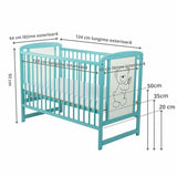 Patut din lemn bebe, 120x60 cm, Cu laterala culisanta, Din lemn de pin si mdf, Stabil si rezistent, Inaltime saltea reglabila pe 3 nivele, Laterala cu 3 bete detasabile, EN716-1, EN716-2, Mint, Babyneeds, Timmi