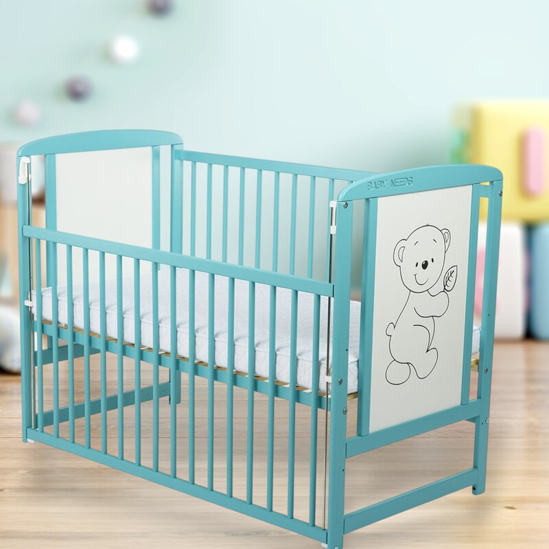 Patut din lemn bebe, 120x60 cm, Cu laterala culisanta, Din lemn de pin si mdf, Stabil si rezistent, Inaltime saltea reglabila pe 3 nivele, Laterala cu 3 bete detasabile, EN716-1, EN716-2, Mint, Babyneeds, Timmi - gogobaby.ro