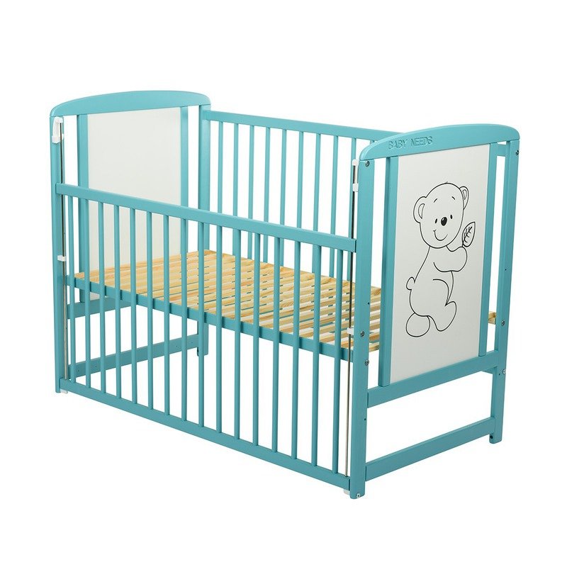 Patut din lemn bebe, 120x60 cm, Cu laterala culisanta, Din lemn de pin si mdf, Stabil si rezistent, Inaltime saltea reglabila pe 3 nivele, Laterala cu 3 bete detasabile, EN716-1, EN716-2, Mint, Babyneeds, Timmi