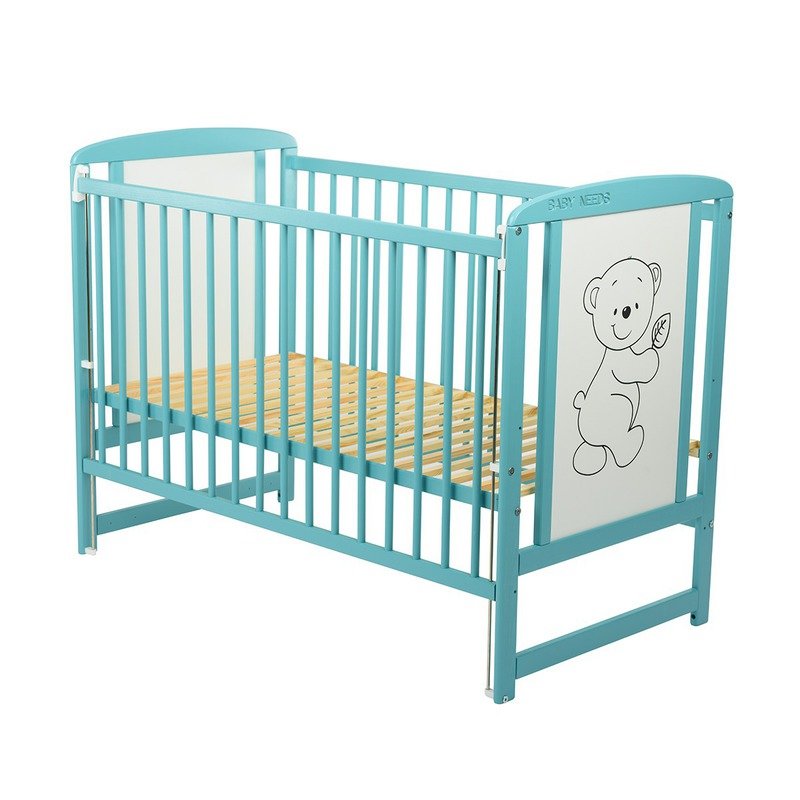 Patut din lemn bebe, 120x60 cm, Cu laterala culisanta, Din lemn de pin si mdf, Stabil si rezistent, Inaltime saltea reglabila pe 3 nivele, Laterala cu 3 bete detasabile, EN716-1, EN716-2, Mint, Babyneeds, Timmi