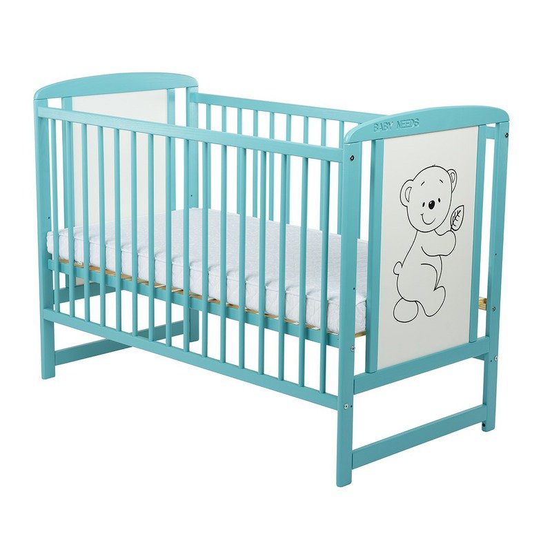 Patut din lemn bebe, 120x60 cm, Cu laterala culisanta, Din lemn de pin si mdf, Stabil si rezistent, Inaltime saltea reglabila pe 3 nivele, Laterala cu 3 bete detasabile, EN716-1, EN716-2, Mint, Babyneeds, Timmi - gogobaby.ro