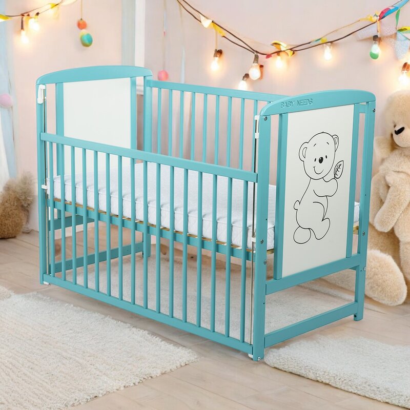 Patut din lemn bebe, 120x60 cm, Cu laterala culisanta, Din lemn de pin si mdf, Stabil si rezistent, Inaltime saltea reglabila pe 3 nivele, Laterala cu 3 bete detasabile, EN716-1, EN716-2, Mint, Babyneeds, Timmi + Saltea 12 cm - gogobaby.ro