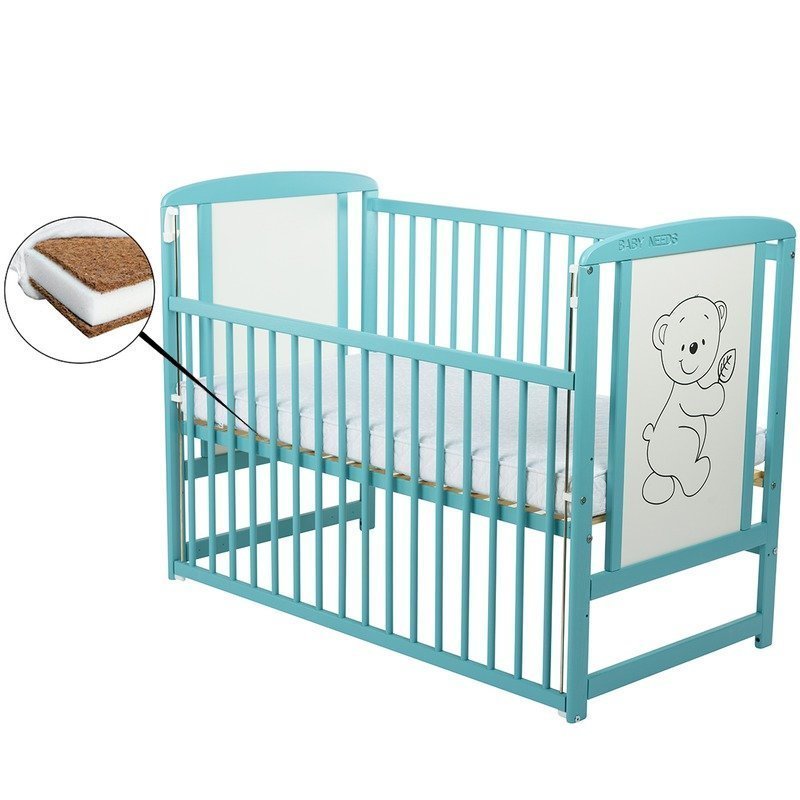 Patut din lemn bebe, 120x60 cm, Cu laterala culisanta, Din lemn de pin si mdf, Stabil si rezistent, Inaltime saltea reglabila pe 3 nivele, Laterala cu 3 bete detasabile, EN716-1, EN716-2, Mint, Babyneeds, Timmi + Saltea 12 cm - gogobaby.ro