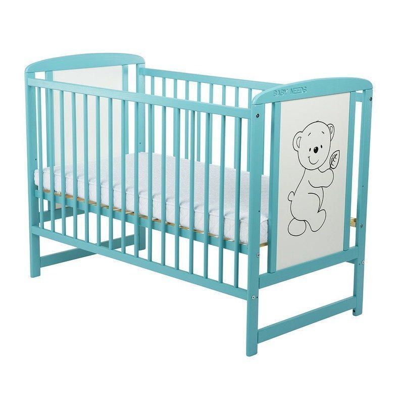 Patut din lemn bebe, 120x60 cm, Cu laterala culisanta, Din lemn de pin si mdf, Stabil si rezistent, Inaltime saltea reglabila pe 3 nivele, Laterala cu 3 bete detasabile, EN716-1, EN716-2, Mint, Babyneeds, Timmi + Saltea 12 cm - gogobaby.ro