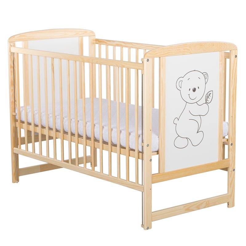 Patut din lemn bebe, 120x60 cm, Cu laterala culisanta, Din lemn de pin si mdf, Stabil si rezistent, Inaltime saltea reglabila pe 3 nivele, Laterala cu 3 bete detasabile, EN716-1, EN716-2, Natur, Babyneeds, Timmi