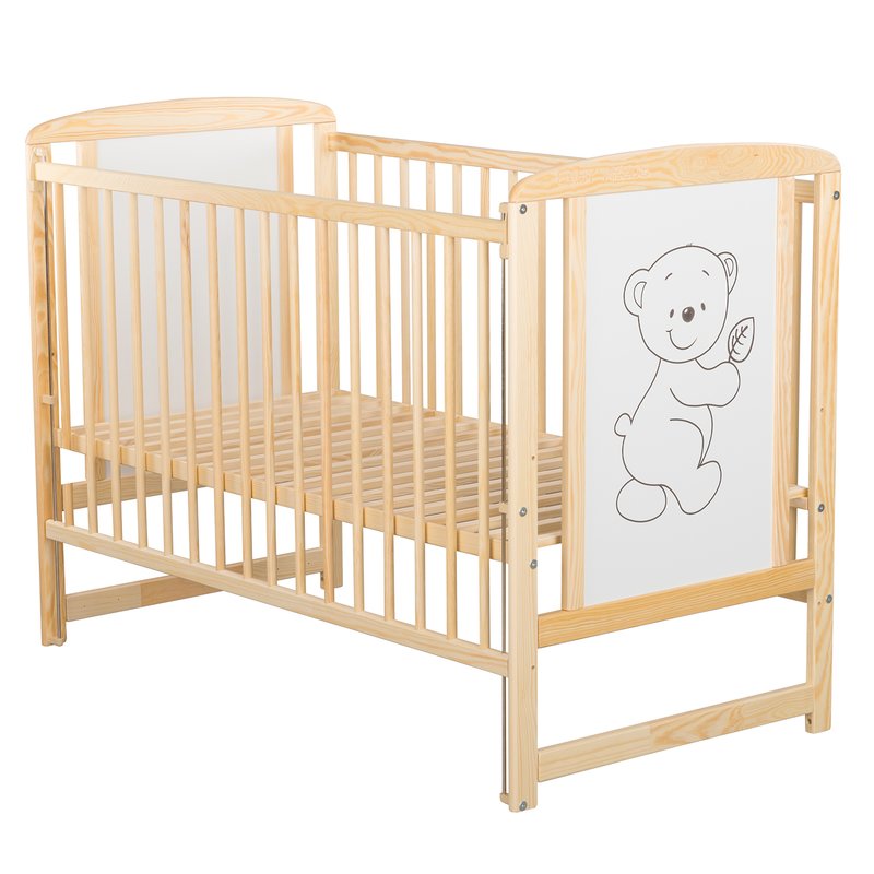 Patut din lemn bebe, 120x60 cm, Cu laterala culisanta, Din lemn de pin si mdf, Stabil si rezistent, Inaltime saltea reglabila pe 3 nivele, Laterala cu 3 bete detasabile, EN716-1, EN716-2, Natur, Babyneeds, Timmi