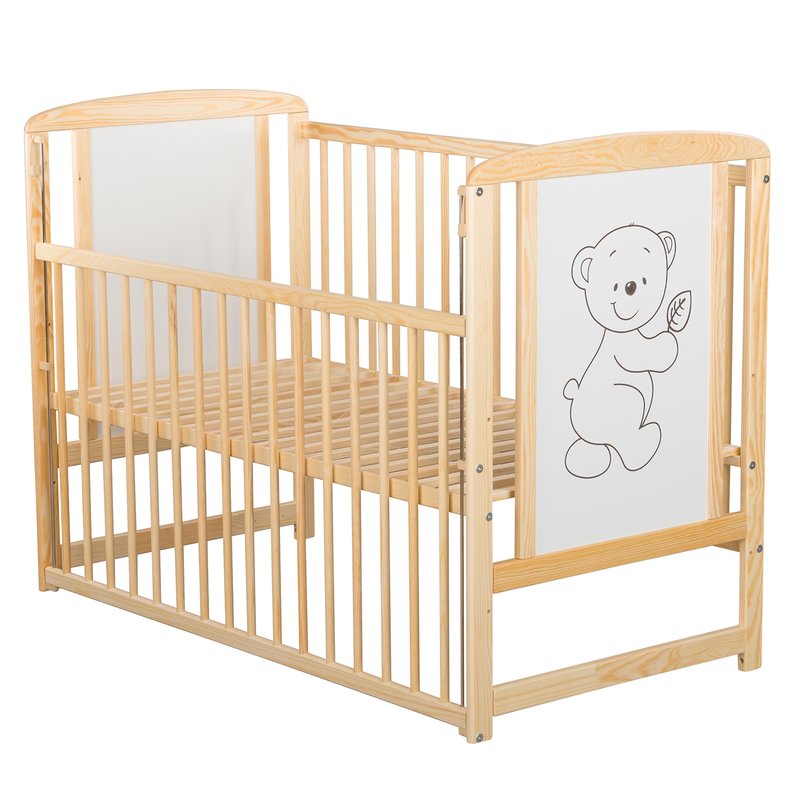 Patut din lemn bebe, 120x60 cm, Cu laterala culisanta, Din lemn de pin si mdf, Stabil si rezistent, Inaltime saltea reglabila pe 3 nivele, Laterala cu 3 bete detasabile, EN716-1, EN716-2, Natur, Babyneeds, Timmi