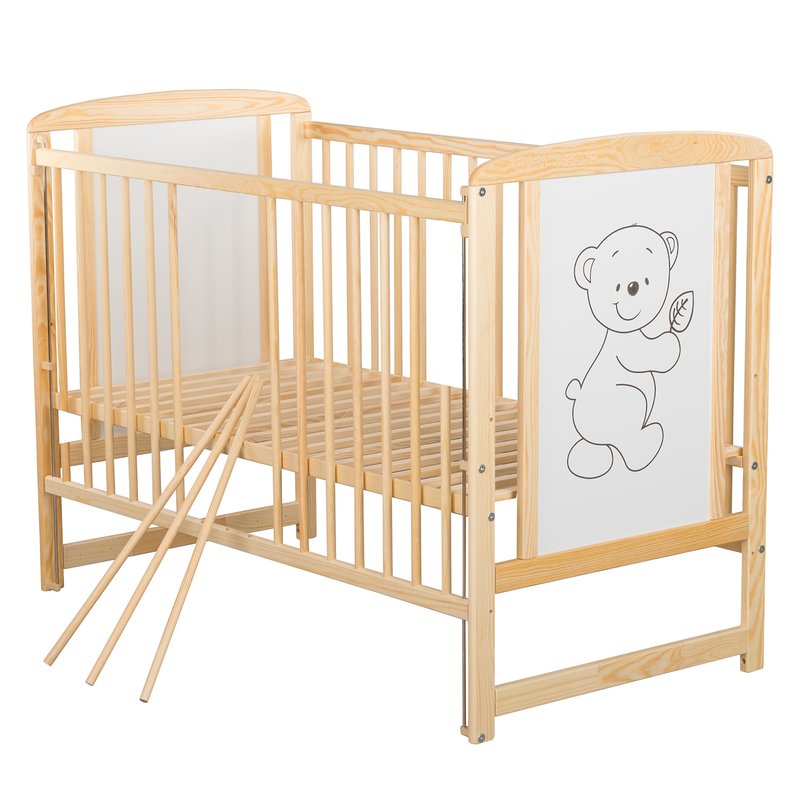 Patut din lemn bebe, 120x60 cm, Cu laterala culisanta, Din lemn de pin si mdf, Stabil si rezistent, Inaltime saltea reglabila pe 3 nivele, Laterala cu 3 bete detasabile, EN716-1, EN716-2, Natur, Babyneeds, Timmi - gogobaby.ro