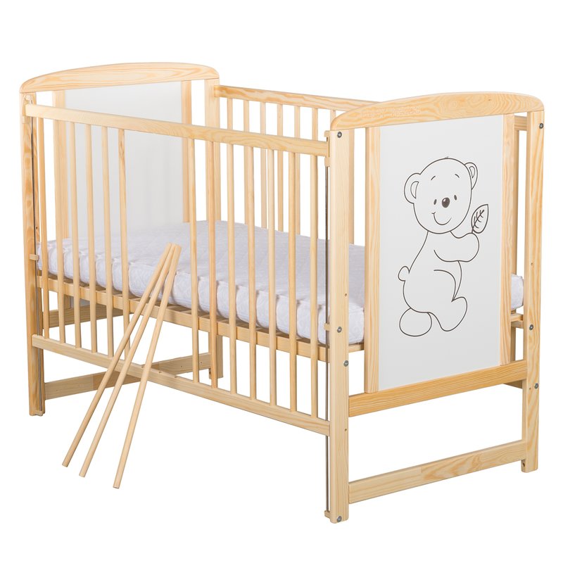 Patut din lemn bebe, 120x60 cm, Cu laterala culisanta, Din lemn de pin si mdf, Stabil si rezistent, Inaltime saltea reglabila pe 3 nivele, Laterala cu 3 bete detasabile, EN716-1, EN716-2, Natur, Babyneeds, Timmi - gogobaby.ro