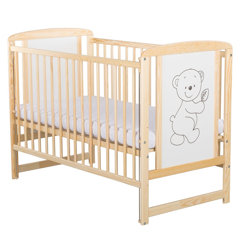 Patut din lemn bebe, 120x60 cm, Cu laterala culisanta, Din lemn de pin si mdf, Stabil si rezistent, Inaltime saltea reglabila pe 3 nivele, Laterala cu 3 bete detasabile, EN716-1, EN716-2, Natur, Babyneeds, Timmi