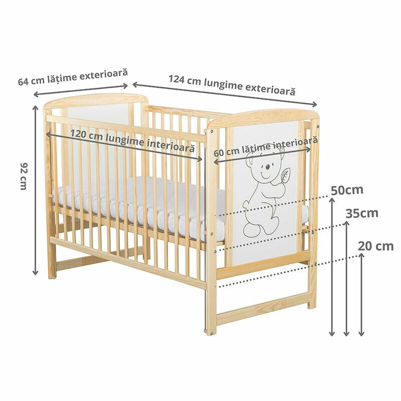 Patut din lemn bebe, 120x60 cm, Cu laterala culisanta, Din lemn de pin si mdf, Stabil si rezistent, Inaltime saltea reglabila pe 3 nivele, Laterala cu 3 bete detasabile, EN716-1, EN716-2, Natur, Babyneeds, Timmi - gogobaby.ro