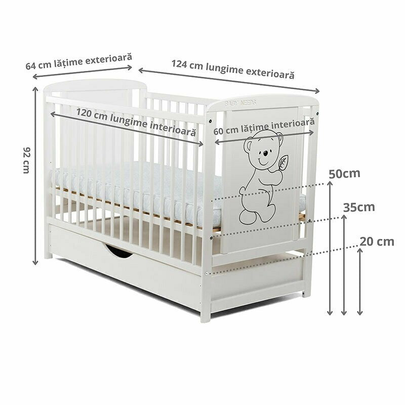 Patut din lemn bebe, 120x60 cm, Cu sertar cu capac, Din lemn de pin si mdf, Stabil si rezistent, Inaltime saltea reglabila pe 3 nivele, Laterala cu 3 bete detasabile, EN716-1, EN716-2, Alb, Babyneeds, Timmi
