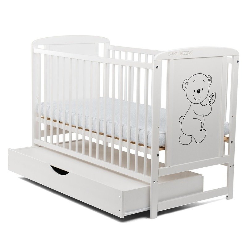 Patut din lemn bebe, 120x60 cm, Cu sertar cu capac, Din lemn de pin si mdf, Stabil si rezistent, Inaltime saltea reglabila pe 3 nivele, Laterala cu 3 bete detasabile, EN716-1, EN716-2, Alb, Babyneeds, Timmi