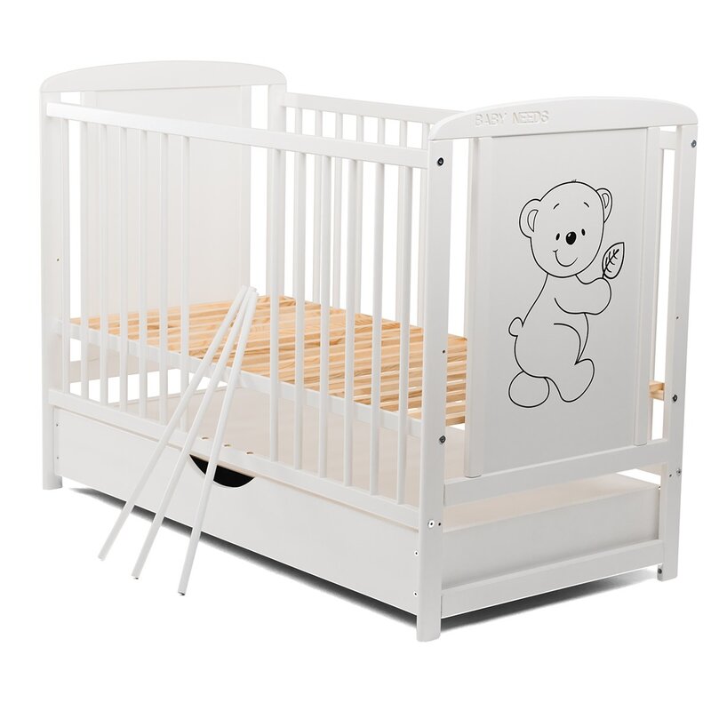 Patut din lemn bebe, 120x60 cm, Cu sertar cu capac, Din lemn de pin si mdf, Stabil si rezistent, Inaltime saltea reglabila pe 3 nivele, Laterala cu 3 bete detasabile, EN716-1, EN716-2, Alb, Babyneeds, Timmi