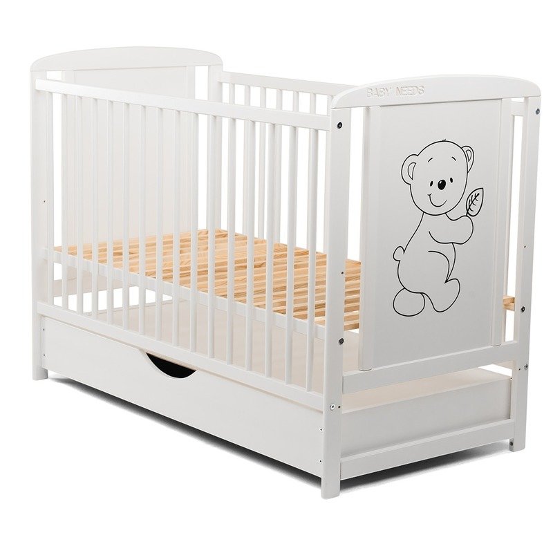 Patut din lemn bebe, 120x60 cm, Cu sertar cu capac, Din lemn de pin si mdf, Stabil si rezistent, Inaltime saltea reglabila pe 3 nivele, Laterala cu 3 bete detasabile, EN716-1, EN716-2, Alb, Babyneeds, Timmi