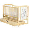 Patut din lemn bebe, 120x60 cm, Cu sertar cu capac, Din lemn de pin si mdf, Stabil si rezistent, Inaltime saltea reglabila pe 3 nivele, Laterala cu 3 bete detasabile, EN716-1, EN716-2, Natur, Babyneeds, Timmi