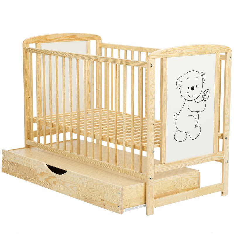 Patut din lemn bebe, 120x60 cm, Cu sertar cu capac, Din lemn de pin si mdf, Stabil si rezistent, Inaltime saltea reglabila pe 3 nivele, Laterala cu 3 bete detasabile, EN716-1, EN716-2, Natur, Babyneeds, Timmi