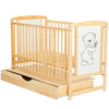 Patut din lemn bebe, 120x60 cm, Cu sertar cu capac, Din lemn de pin si mdf, Stabil si rezistent, Inaltime saltea reglabila pe 3 nivele, Laterala cu 3 bete detasabile, EN716-1, EN716-2, Natur, Babyneeds, Timmi + Saltea 10 cm