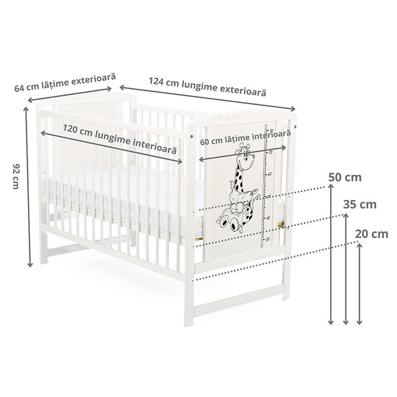 Patut din lemn bebe, 120x60 cm, Din lemn de pin si mdf, Stabil si rezistent, Inaltime saltea reglabila pe 3 nivele, Laterala cu 3 bete detasabile, EN716-1, EN716-2, Alb, Babyneeds, Timmi Girafa