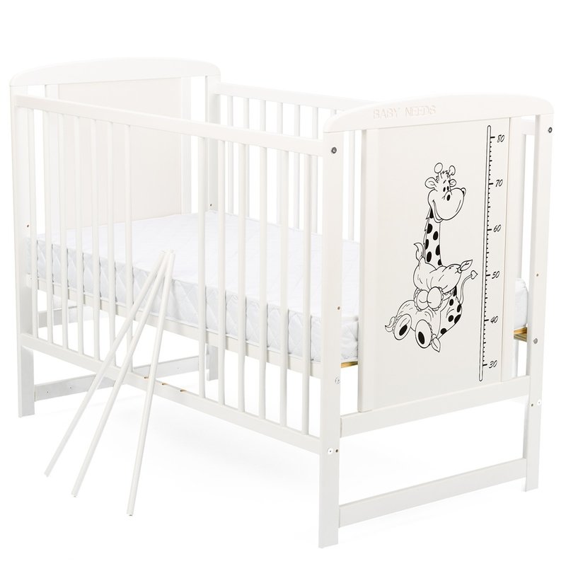 Patut din lemn bebe, 120x60 cm, Din lemn de pin si mdf, Stabil si rezistent, Inaltime saltea reglabila pe 3 nivele, Laterala cu 3 bete detasabile, EN716-1, EN716-2, Alb, Babyneeds, Timmi Girafa