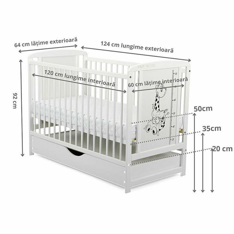 Patut din lemn bebe, 120x60 cm, Cu sertar cu capac, Din lemn de pin si mdf, Stabil si rezistent, Inaltime saltea reglabila pe 3 nivele, Laterala cu 3 bete detasabile, EN716-1, EN716-2, Alb, Babyneeds, Timmi Girafa