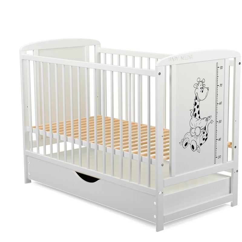 Patut din lemn bebe, 120x60 cm, Cu sertar cu capac, Din lemn de pin si mdf, Stabil si rezistent, Inaltime saltea reglabila pe 3 nivele, Laterala cu 3 bete detasabile, EN716-1, EN716-2, Alb, Babyneeds, Timmi Girafa
