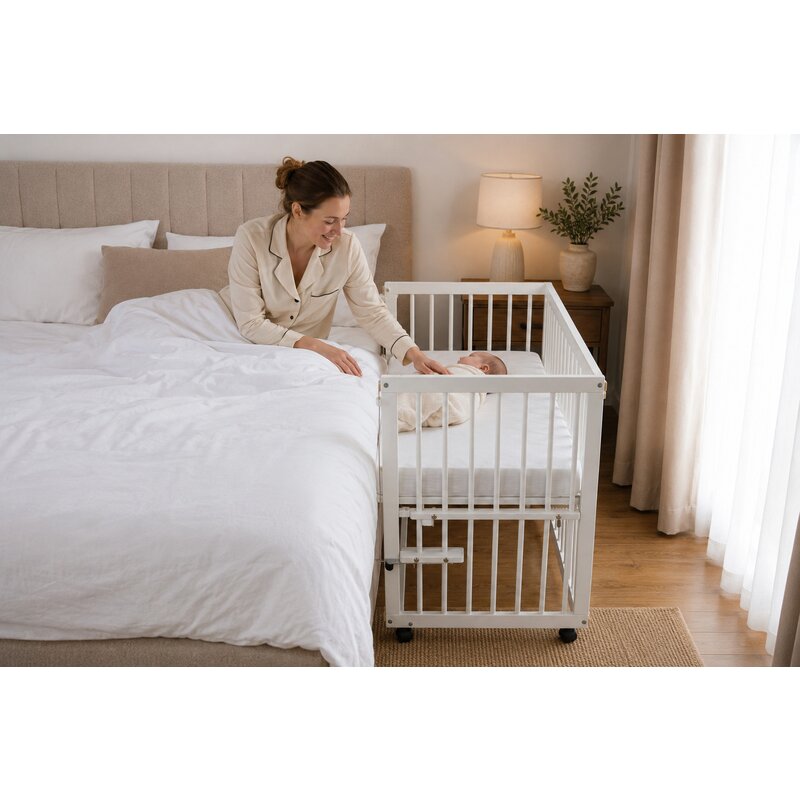 Patut co-sleeper, Qmini, Dalia, Multifunctional, 90x50 cm, Din lemn de pin, Reglabil pe orice treapta de inaltime la patul parintilor, Sistem de ancorare si roti cu frana incluse, Alb