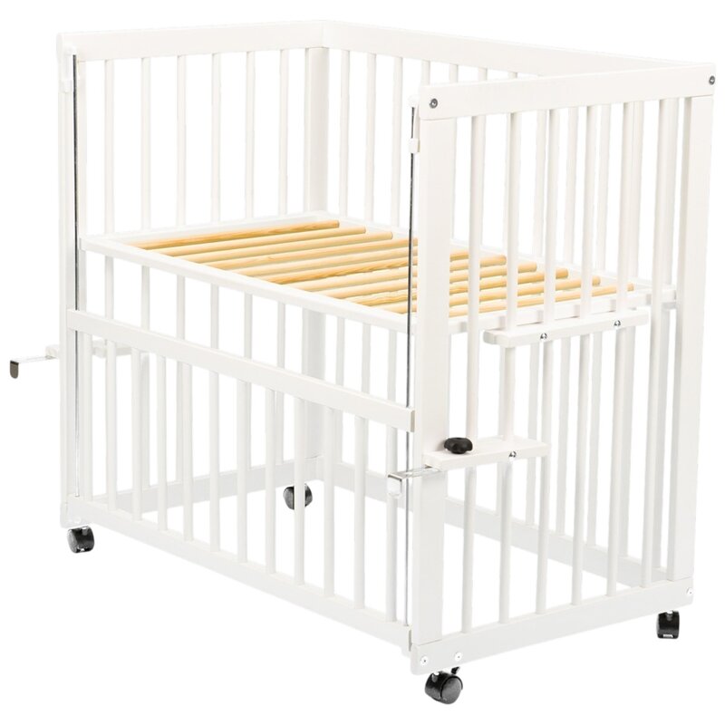 Patut co-sleeper, Qmini, Dalia, Multifunctional, 90x50 cm, Din lemn de pin, Reglabil pe orice treapta de inaltime la patul parintilor, Sistem de ancorare si roti cu frana incluse, Alb + Saltea 8 cm