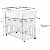 Patut co-sleeper, Qmini, Dalia, Multifunctional, 90x50 cm, Din lemn de pin, Reglabil pe orice treapta de inaltime la patul parintilor, Sistem de ancorare si roti cu frana incluse, Alb + Saltea 8 cm