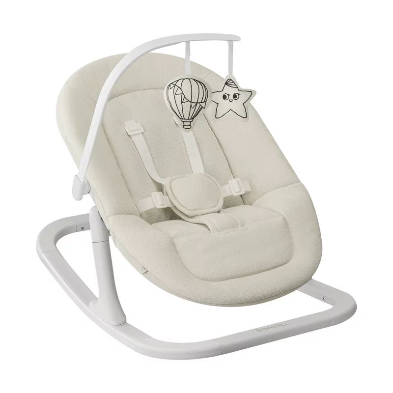 Balansoar, Lionelo, Celia Close&Cosy, Manual, Cu 2 pozitii de inclinare, Cu centuri de siguranta in 5 puncte, Bara cu jucarii inclusa, Baza din lemn de fag, Husa detasabila si lavabila, Pana la 9 kg, Alb