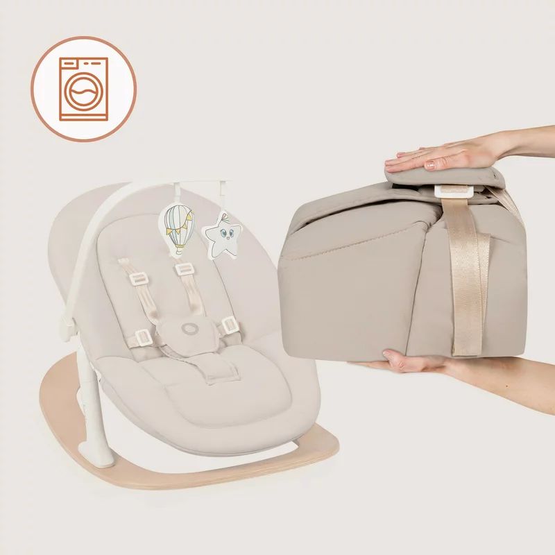 Balansoar, Lionelo, Celia, Manual, Cu 2 pozitii de inclinare, Cu centuri de siguranta in 5 puncte, Bara cu jucarii inclusa, Baza din lemn de fag, Husa detasabila si lavabila, Pana la 9 kg, Bej