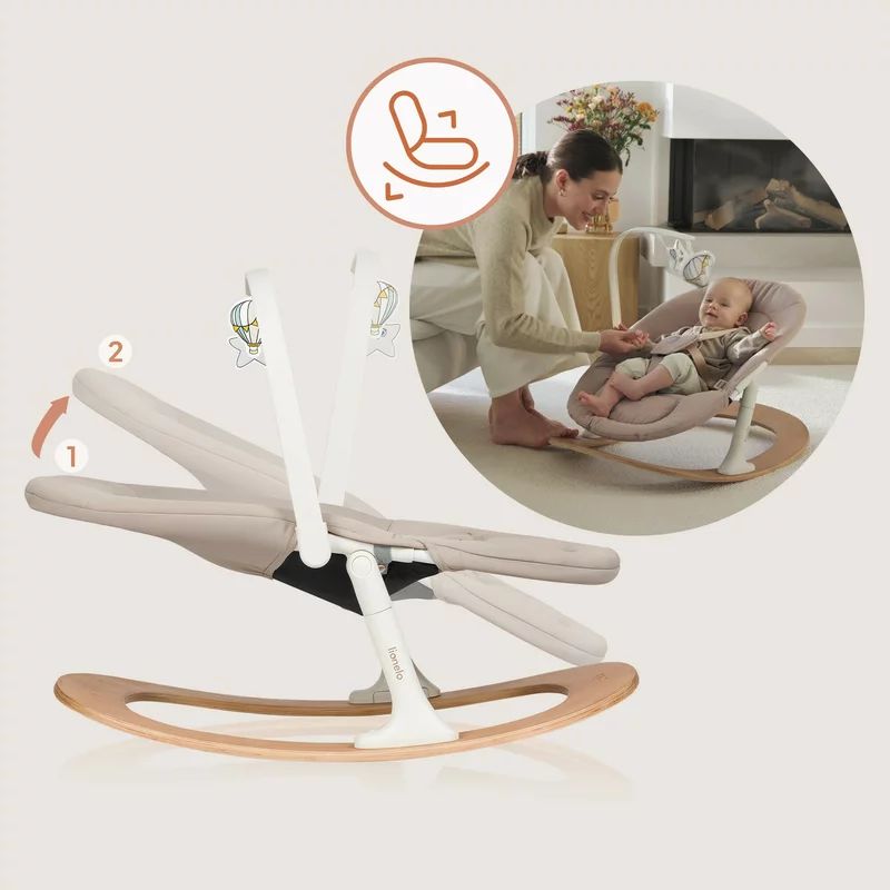 Balansoar, Lionelo, Celia, Manual, Cu 2 pozitii de inclinare, Cu centuri de siguranta in 5 puncte, Bara cu jucarii inclusa, Baza din lemn de fag, Husa detasabila si lavabila, Pana la 9 kg, Bej