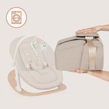 Balansoar, Lionelo, Celia, Manual, Cu 2 pozitii de inclinare, Cu centuri de siguranta in 5 puncte, Bara cu jucarii inclusa, Baza din lemn de fag, Husa detasabila si lavabila, Pana la 9 kg, Bej