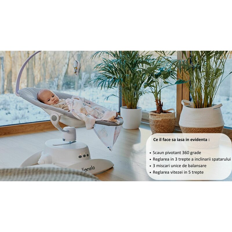 Balansoar, Lionelo, Iris, 2 in 1, Rotire 360 grade, Electric, Cu 3 moduri de leganare, Cu 5 trepte de viteza, Cu 3 pozitii de inclinare, 12 melodii, Silentios, Pana la 9 kg, Bej - gogobaby.ro