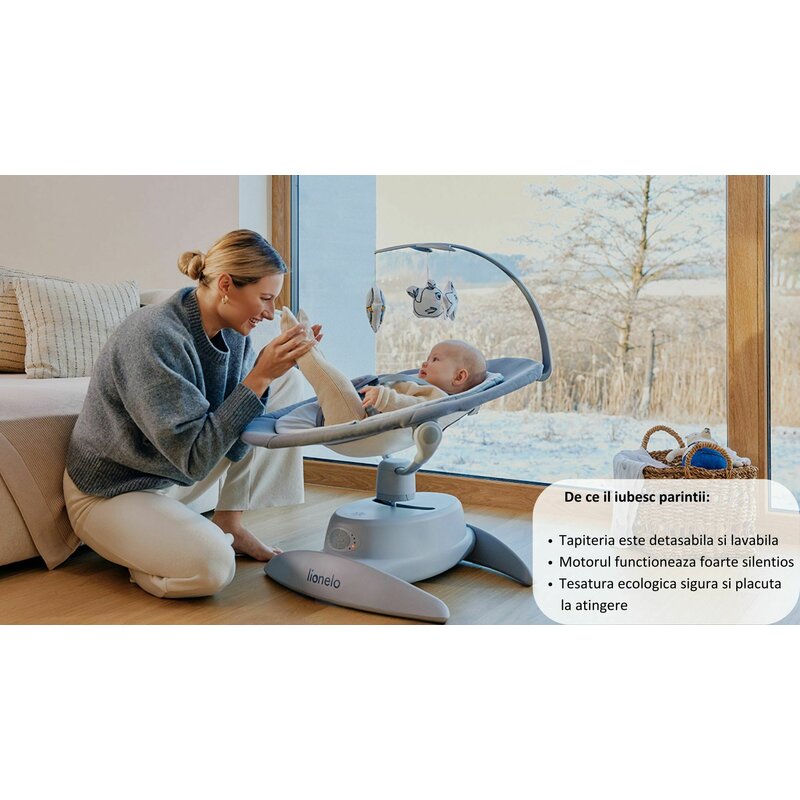 Balansoar, Lionelo, Mell, 2 in 1, Rotire 360 grade, Electric, Cu 3 moduri de leganare, Cu 5 trepte de viteza, Cu 3 pozitii de inclinare, Cu timer, 12 melodii si 2 sunete ale naturii, Pana la 9 kg, Gri - gogobaby.ro