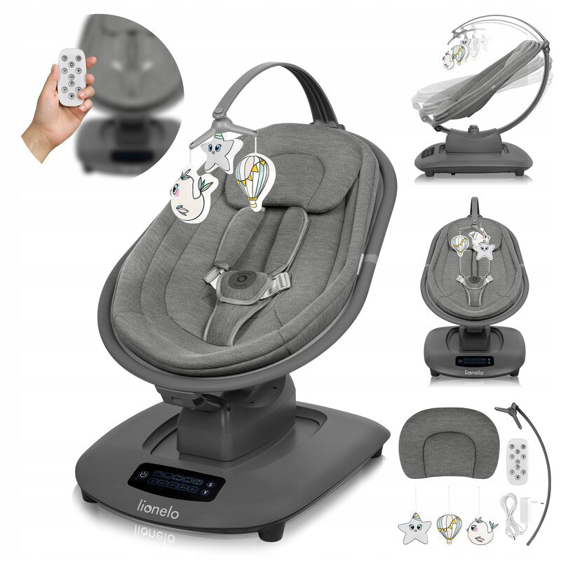 Balansoar si sezlong, Lionelo, Blossom, 5 melodii, 5 moduri de balansare, Cu jucarii, Husa respirabila, 60% bambus, Cu telecomanda, Reglare pozitie scaun pentru somn, Pana la 9 kg, Gri