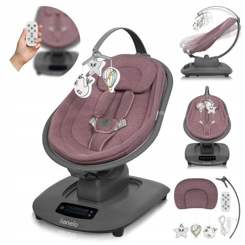 Balansoar si sezlong, Lionelo, Blossom, 5 melodii, 5 moduri de balansare, Cu jucarii, Husa respirabila, 60% bambus, Cu telecomanda, Reglare pozitie scaun pentru somn, Pana la 9 kg, Mov - gogobaby.ro