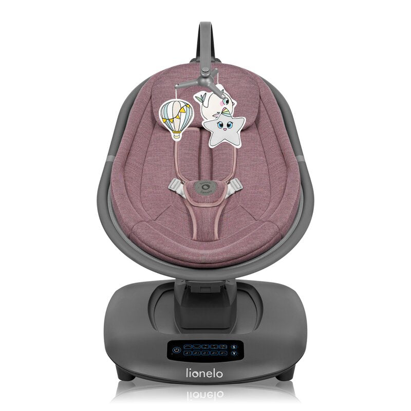 Balansoar si sezlong, Lionelo, Blossom, 5 melodii, 5 moduri de balansare, Cu jucarii, Husa respirabila, 60% bambus, Cu telecomanda, Reglare pozitie scaun pentru somn, Pana la 9 kg, Mov - gogobaby.ro
