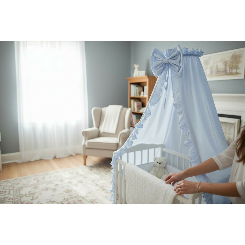 Baldachin, MimiNu, Pentru patut, Cu funda si volanas, 210x145 cm, Material certificat Oeko Tex Standard 100, Colectia Royal, Blue