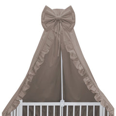 Baldachin, MimiNu, Pentru patut, Cu funda si volanas, 210x145 cm, Material certificat Oeko Tex Standard 100, Colectia Royal, Mocha