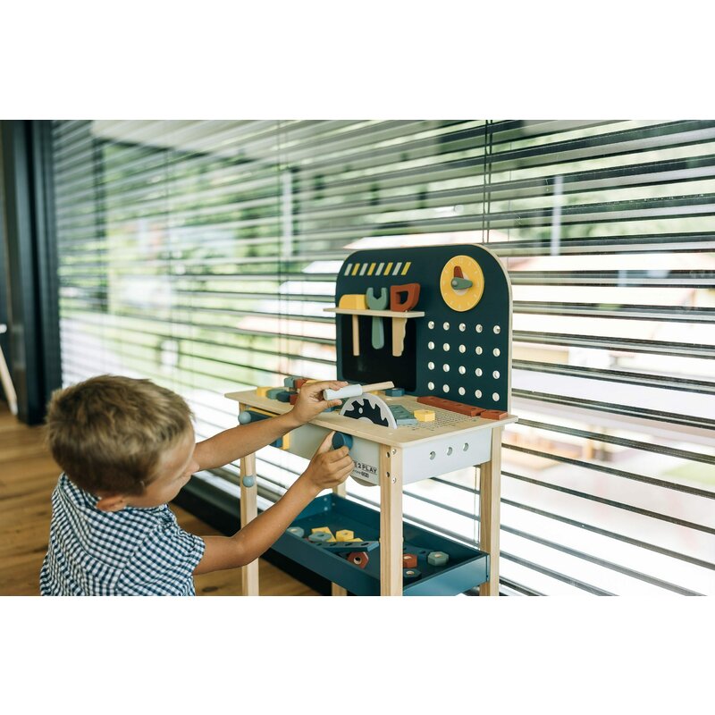 Banc de lucru, Free2Play, My first wooden Work Bench, Cu diverse unelte si accesorii, Pliabil, 55 x 28,5 x 85 cm, 36 luni+, Multicolor