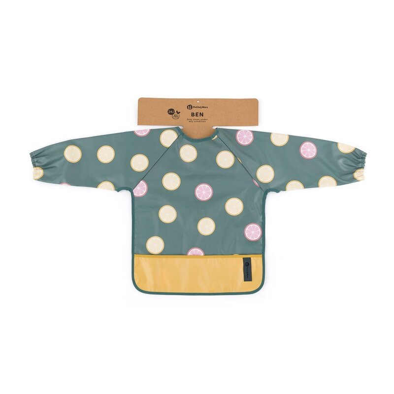Baveta impermeabila, Petite&Mars, Cu maneci lungi, Usor de curatat, inchidere prin velcro, Dimensiune 38x42 cm, 24 luni+, Beige Citrus