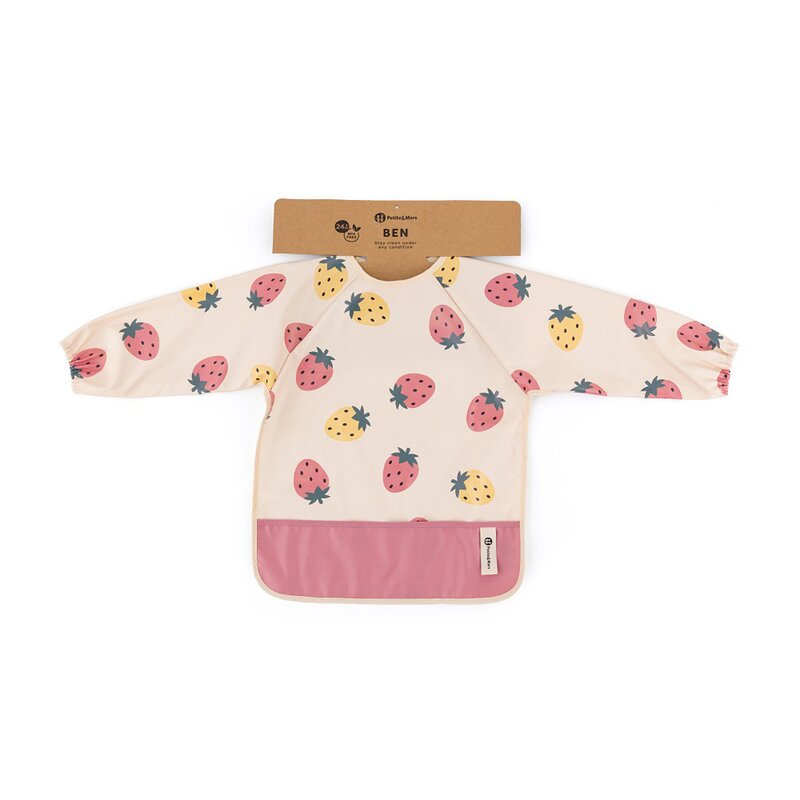 Baveta impermeabila, Petite&Mars, Cu maneci lungi, Usor de curatat, inchidere prin velcro, Dimensiune 38x42 cm, 24 luni+, Beige Strawberies - gogobaby.ro