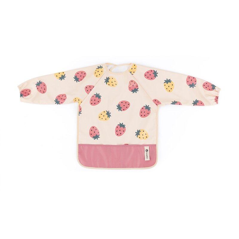 Baveta impermeabila, Petite&Mars, Cu maneci lungi, Usor de curatat, inchidere prin velcro, Dimensiune 38x42 cm, 24 luni+, Beige Strawberies - gogobaby.ro
