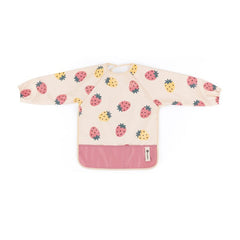 Baveta impermeabila, Petite&Mars, Cu maneci lungi, Usor de curatat, inchidere prin velcro, Dimensiune 38x42 cm, 24 luni+, Beige Strawberies
