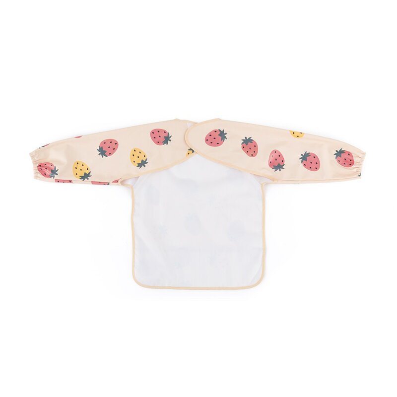 Baveta impermeabila, Petite&Mars, Cu maneci lungi, Usor de curatat, inchidere prin velcro, Dimensiune 38x42 cm, 24 luni+, Beige Strawberies - gogobaby.ro